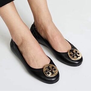 Tory Burch Shoes Sz 7.5 Reva Leather Ballet Flats Black Gold Classic Comfortable